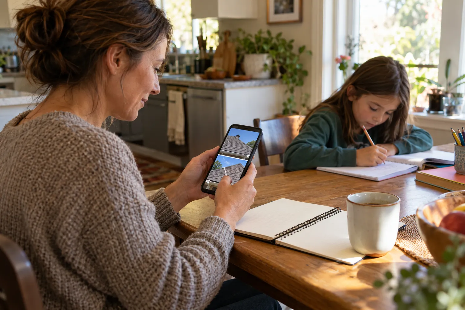 A homeowner in the Snoqualmie area reviewing roof photos and notes at the kitchen table