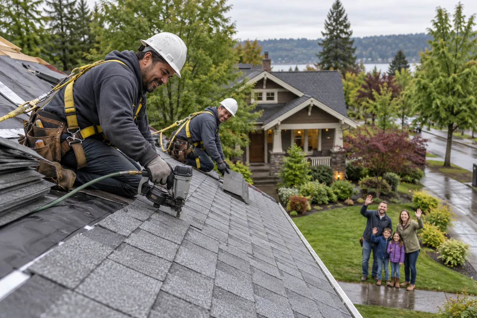 A local roofing provider installing new shingles on a wood-frame home in Snoqualmie